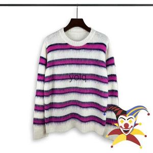 Herensweaters Mohair Roze en Witte Gestreepte Gebreide Trui Ronde Hals Heren Dames Oversized Sweatshirtsyolq