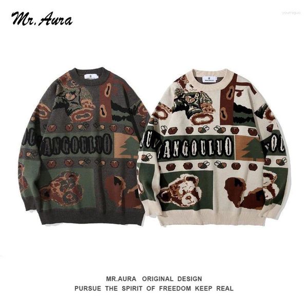 Suéteres masculinos Mr.aura Spring Fall Winter Lindo Bear Patrón de oso Séteres de textura Sweter Vintage