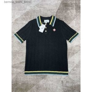 Sweaters voor heren Nieuw product Casablanca Designer Wool Knit Sweater Coat Brand Rib Loop Lapel Stripe Men Mode Pearl -knop Veelzijdige korte Q240530