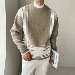 Suéteres para hombres O-cuello jersey suéter coreano color contraste geometría rayas impresión suéter de punto hombres pull homme otoño invierno suéter marca T220906