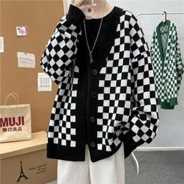 Suéteres masculinos oversize mulher quente xadrez cardigan casaco solto casal roupa de malha jaqueta vintage outono roupas luxo