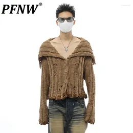 Pulls pour hommes PFNW Satin Pathcworkl Pull à revers Vintage Cardigan tricoté High Street Usé Mâle Automne Hiver Tops à la mode 28W1059