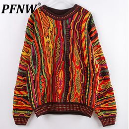 Heren Truien PFNW Vintage Stijl Sweate Contrast Kleur Bloem Niche Ontwerp Streep Losse Pullover Herfst Winter High Street Tops 12A6116 230615