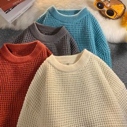 Heren truien privathinker herenwafels truien ronde nek solide kleur Koreaanse stijl mannelijke gebreide pullovers losse casual winter gebreide kleding 230228
