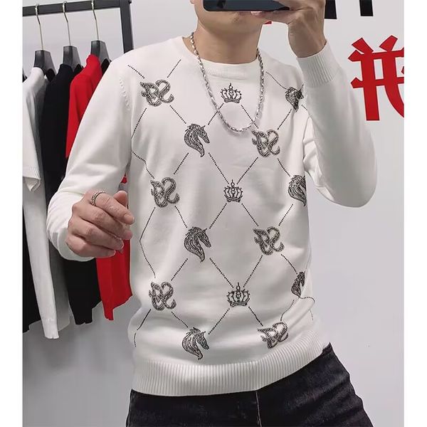 Suéteres para hombre, jersey con diseño de caballo de diamantes de imitación, Tops tejidos para hombre, ropa nueva moda, ropa Popular para hombre, ropa versátil para hombre