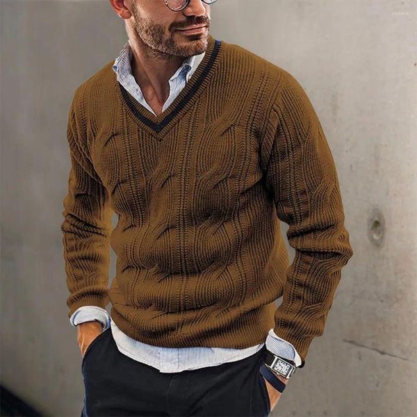 Suéteres para hombres Jersey Suéter Patrón de torsión Mangas largas Color sólido Cuello en V Prendas de punto Otoño Invierno A prueba de frío Slim Fit Base Streetwear