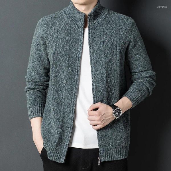 Suéteres para hombre, cárdigan suelto de lana pura 200, Color sólido, cuello semialto, suéter retorcido con cremallera, abrigo grueso.