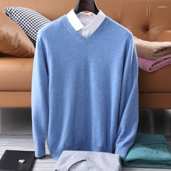 Suéteres para hombre, suéter de lana pura, suéter holgado con cuello en V, camisa de punto de talla grande para otoño e invierno, Top informal de negocios coreano