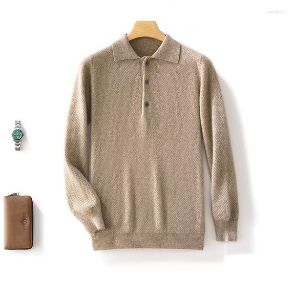 Suéteres para hombre, suéter cálido de lana pura, cuello Polo, jersey de panal, Top de punto para otoño e invierno, camisas holgadas informales, chaqueta