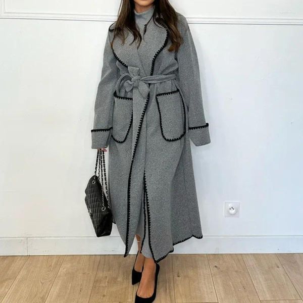 Pulls pour hommes matelassés longs trench-coat pour femmes mélanges de laine gris ceinturé point ouvert pardessus mode banlieue streetwear vestes 2023
