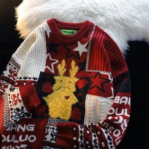 Suéteres para hombres Suéter feo con cuello redondo rojo para hombres y mujeres Invierno Unisex Estilo chino Punto Versátil Año Pareja Jerseys Vintage