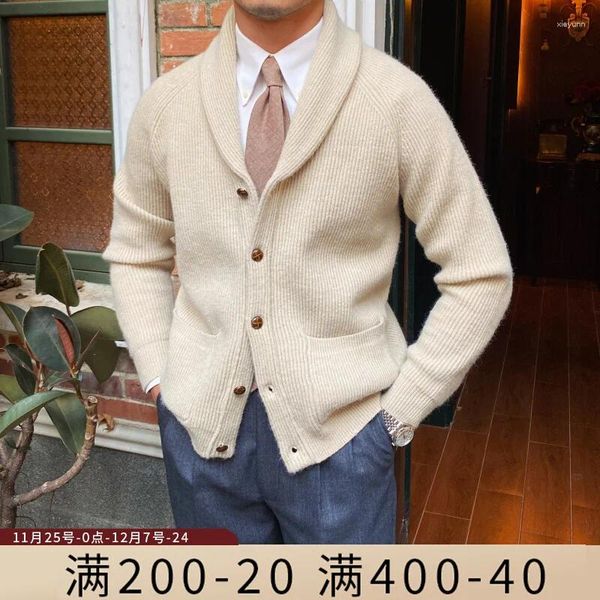 Suéteres Retro para hombre, Chaqueta de punto de nicho de diseñador cálido de otoño e invierno, cárdigan informal ajustado de estilo japonés de color caqui