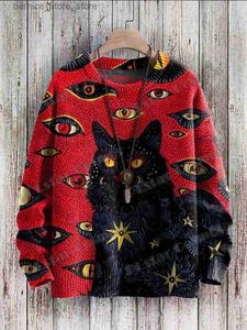 Sweaters para hombres Retro Black Cat Eyes Art Patrón de arte 3D Mens Impreso Pármaco de punto de punto Invierno unisex Sweater Casual Lader Sweater ZZM46 Q240530