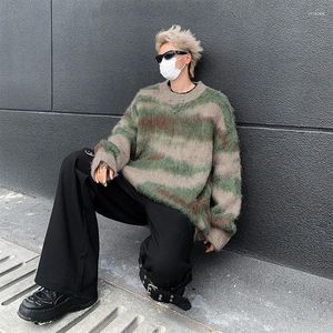 Herensweaters Retro Koreaanse kleur gestreepte mohair trui voor trendy harajuku hip lui losse oversized streetwear vintage truien