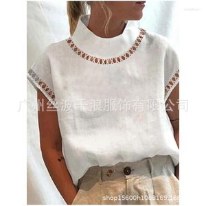 Hommes Chandails Rétro Top Coton Lin Femmes Blouse D'été Dentelle Patchwork Col Montant Chemise Chic Tunique Mode Surdimensionné Blanc Blouses Blusas