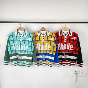 Pulls pour hommes RHUDE Blanc Lettre Bleu Jaune Rouge Hoodies Treillis Noir Coton Manteau Hommes Femmes À Manches Longues Bouton Revers Col Oversize 230728