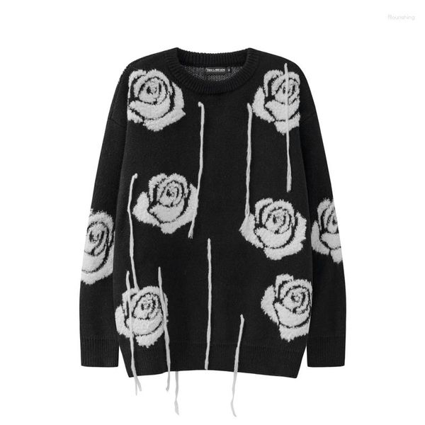 Chandails pour hommes Rose fleur gland tricoté Patchwork hiver pull pull homme et femme O cou surdimensionné décontracté Harajuku ample