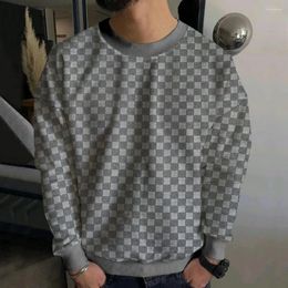 Camisolas masculinas em torno do pescoço manga longa topo solto ajuste padrão xadrez pulôver para homem camiseta com punho elástico macio