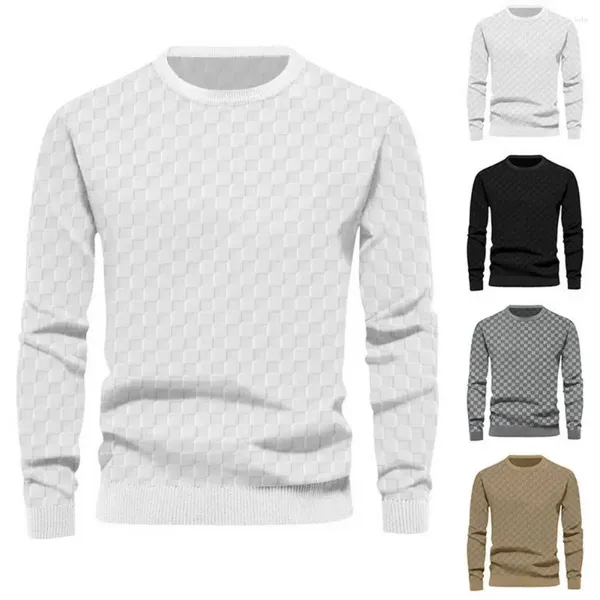 Pull à manches longues et col rond pour homme, pull à motif à carreaux avec manchette élastique, tissu doux, décontracté, automne et printemps