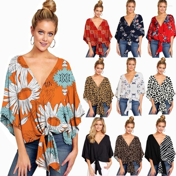 Suéteres para hombre, blusa de satén, blusas con estampado de retazos a la moda para mujer, blusas sexis de manga larga con escote en V profundo y cinturón, camisas elegantes para mujer