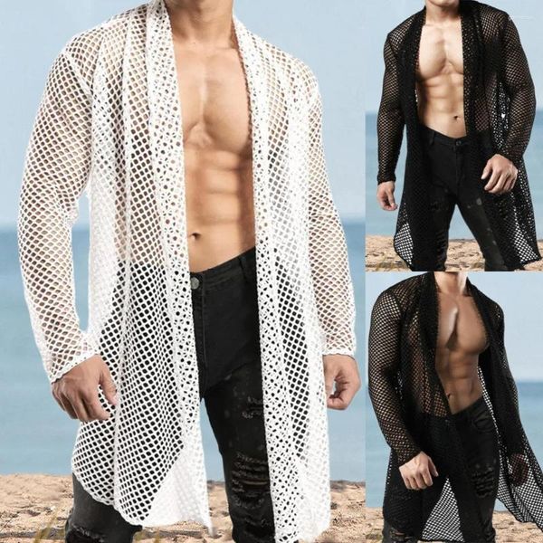 Suéteres para hombre, cárdigan largo de punto calado Sexy para hombre, ropa de calle, camisetas de manga larga con perspectiva a la moda para hombre, camisetas para vacaciones en la playa