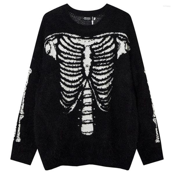 Sweaters para hombres Skeleton gráfico punk goth hombres de moda negros suéter de punto suelto de cáñamo