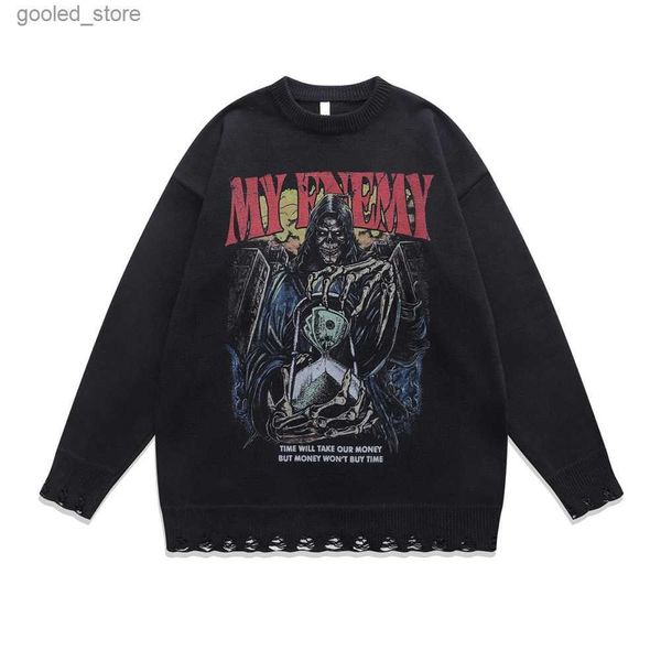 Suéteres para hombres Cráneos Impresión Gótica Suéter para hombres Harajuku Anime Tops Ripped Oversize Streetwear Punto Mujeres Suéteres 2023 Jerseys de invierno Q231115