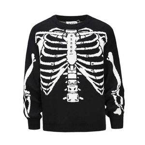 Heren Sweaters Slatt Skeleton Geborduurde Letter Over Size Off Shoulder Losse Silhouet Trendy Sweater