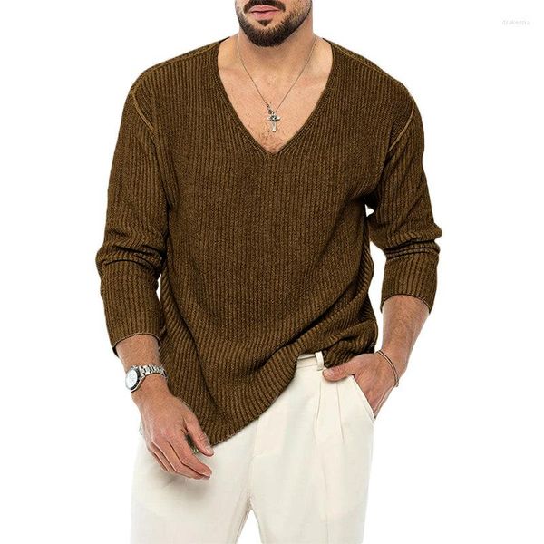 Suéteres para hombre, ropa de manga para hombre, moda masculina holgada para otoño, jerséis largos para hombre, suéter de invierno sólido con cuello de punto, jersey informal en V