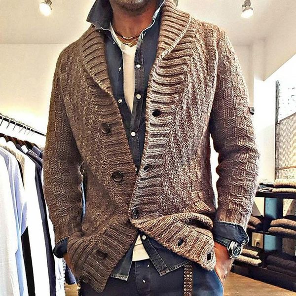 Pulls pour hommes Pull doux Vantage Automne Hiver Cardigan tricoté à manches longues Revers Long Bouton Pardessus Plus épais Tricots chauds