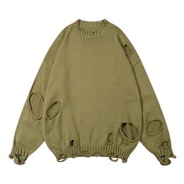 Herensweaters Effen kleur Gescheurde gat-pullover-sweaters voor mannen en vrouwen Y2k Ronde hals Ropa Hombre Baggy Wollen kleding Oversized Sueter 230904