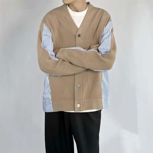 Pulls pour hommes printemps et automne 2023 Patchwork tricoté Cardigan sans col Design sens chemise rayée tempérament paresseux extérieur lâche Lon