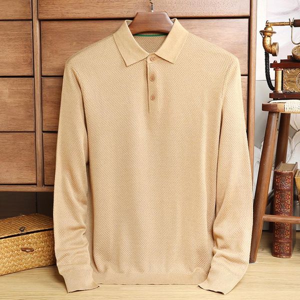 Pulls pour hommes printemps et automne loisirs revers laine T-shirt mûrier soie Polo à manches longues couleur unie tricoté fond