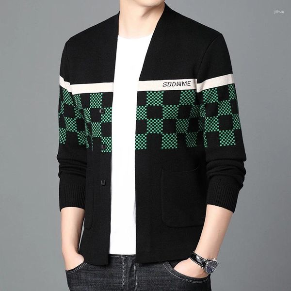 Chandails pour hommes Printemps et automne Style d'affaires masculin Contraste Cardigan tricoté à carreaux / Slim Fit de haute qualité Casual Pull à col en V