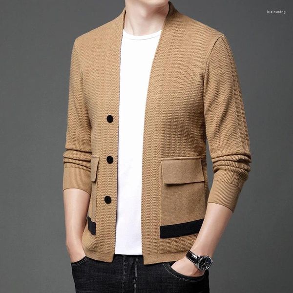 Ponts-pulls pour hommes Spring and Automne Male Slim Fit Pocket Contrast Jacquard Tricot Cardigan / Hommes Haut-qualité Casual-Leck Sweater Coat M-4XL