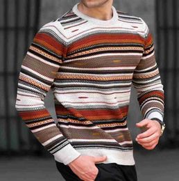 Pulls pour hommes printemps et automne pull ample à col rond pour hommes gaufré impression numérique couleur rayure décontracté pull à fond L230719