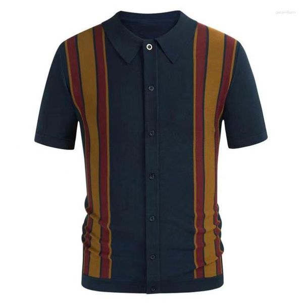 Pulls pour hommes Printemps Vintage Turn-down Col Pull Chemise Hommes Stripe Patchwork Imprimer Vêtements de tricot Casual Mode Tops à manches courtes