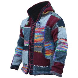 Hommes Chandails Couture Ethnique Couleur Tricot Manteau Épais Hiver Chaud À Capuche Veste Montagne Hommes Cardigan Harajuku Patchwork Manteaux 221130