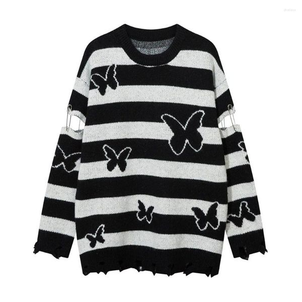 Suéteres para hombres Streetwear Hole Streiped Paneled Butterfly Sweater Hombre Suelto Oversize Grueso Manga completa Jerseys Tops de punto Otoño Invierno