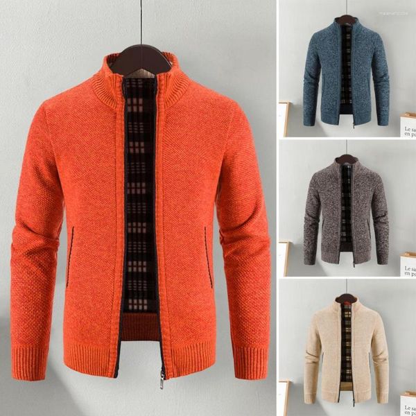 Suéteres para hombres Chaqueta de diseño a rayas para hombre Cárdigan de punto con cremallera completa y bolsillos Suéter de manga larga de color sólido para uso informal