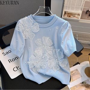 Heren Truien Zomer Bloemen Korte Mouw Trui Vrouwen Gebreide T-shirt O Hals Dunne Franse Zachte Stijl Peals Beaded Pulloer Knitwear Top Jumper 230705