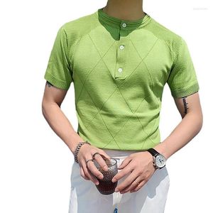 Suéteres de los hombres Suéter de punto de verano de manga corta con cuello redondo Slim Thin Business T-Shirt Camisas para hombres Polo Shirt Solid Green