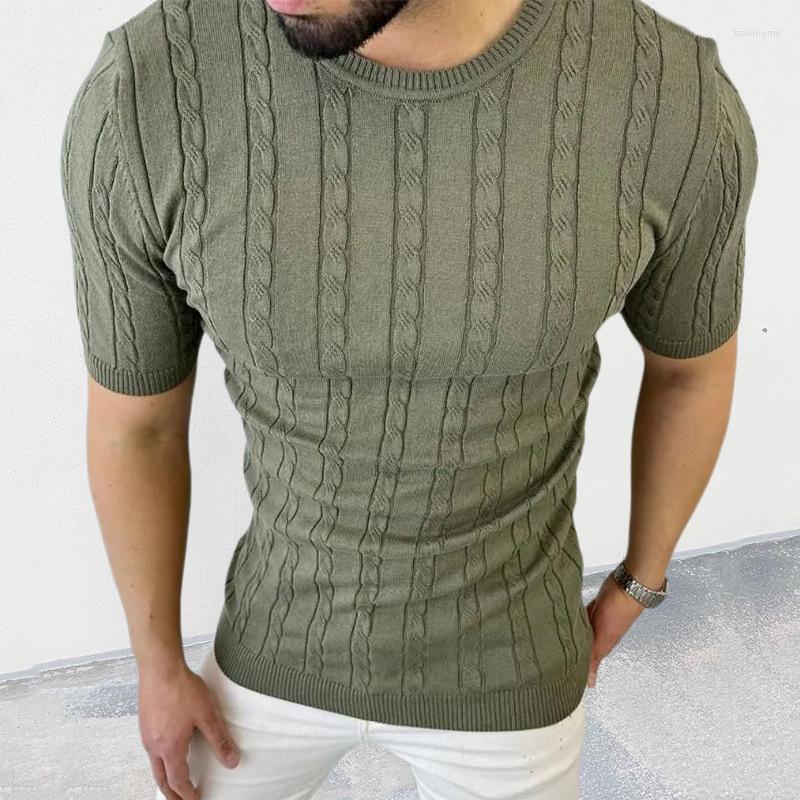 Herrtröjor sommar tunn stickad tröja 2023 trend fast o-hals kort ärm pullover topp mode affärsformella män kläder