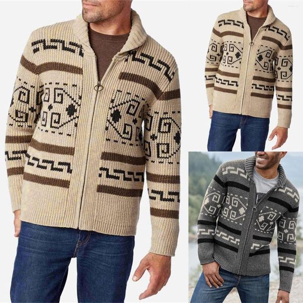 Suéteres para hombres suéter otoño largo cárdigan de punto abrigos vintage hombres moda estampado cremallera invierno casual patrón manga