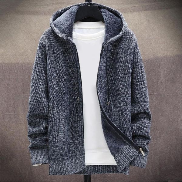 Chandails pour hommes pull manteau doublure en peluche Cardigan tricoté tout assorti épais Simple cordon poches latérales Cardigan ample pour hommes