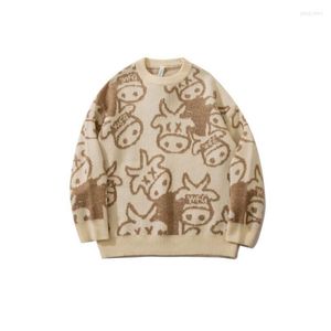 Heren trui trui heren Harajuku mode gebreide hiphop streetwear cartoon koe print pullover o-neck oversize casual mannelijke w2306