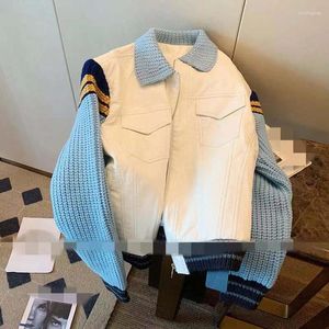 Suéteres para hombres Suéter Chaqueta de mezclilla con paneles Solapa unisex Diseño vintage Sentido Uniforme de béisbol Otoño 2023 Top