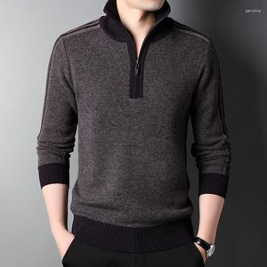Pulls pour hommes pull hiver zippé col montant laine épais plat tricoté pull haut de loisirs