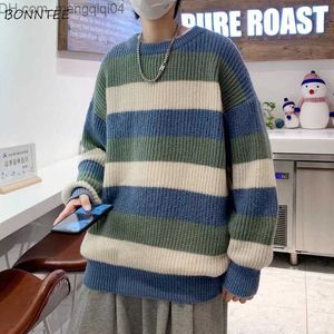 Sweaters voor heren voor heren herfst en winter unisex paren basis Koreaanse strepen eenvoudige en losse casual o-neck mode Harajuku vrienden Z230815