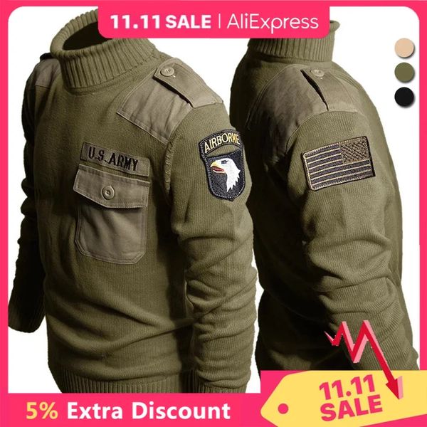 Pulls pour hommes Pull à col roulé tactique Hommes Vintage Militaire Airborne Tricoté Pull US Army Special Force 100% Coton Patch Jersey Jumper 231113